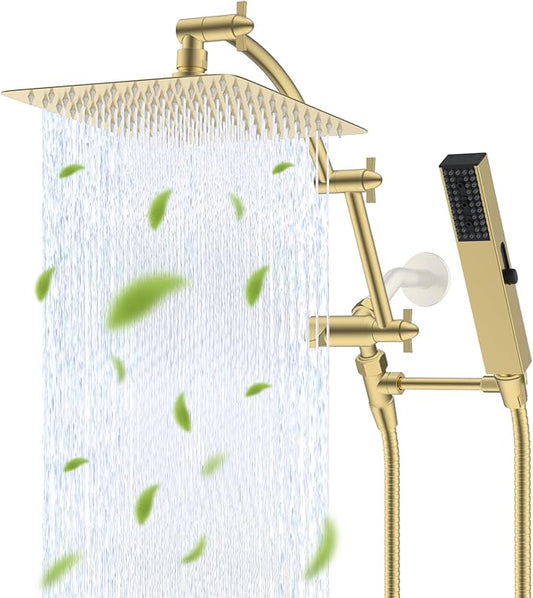 Hibbent All Metal 10'' Rainfall Shower Head, Shower Head Combo, High Pressure Handheld Shower Wand, 4 Sprays, 16'' Adjustable Arc-shaped Extension Arm, 71'' Hose, Showerhead Holder, Brushed Gold