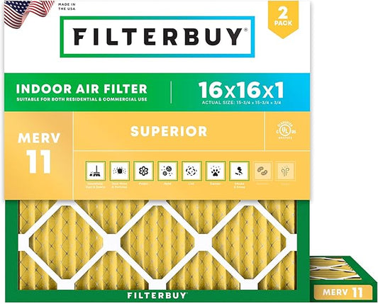 Filterbuy 16x16x1 Air Filter MERV 11 (MPR 1200) Allergen Defense Replacement (2-Pack), Electrostatic Pleated HVAC AC Furnace Filters, Made in USA (Actual Size: 15.75 x 15.75 x 0.75)