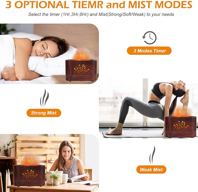 Flame Aroma Diffuser Humidifier,Auto-Off 300ml Essential Oil Diffuser for Large Room, Adjustable Brightness Air Humidifier with Timer for Home Office Spa Gym (Wood Grain)
