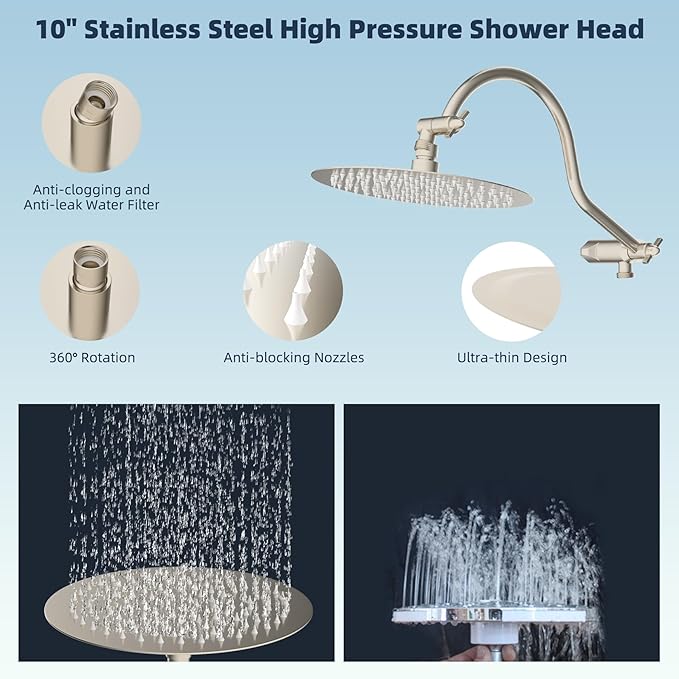 Hibbent All Metal Shower Head, 10'' High Pressure Rainfall Shower Head/Handheld Showerhead Combo/ 12'' Adjustable Curved Shower Extension Arm, 10-Spray, 71'' Adhesive Showerhead Holder, Brushed Nickel