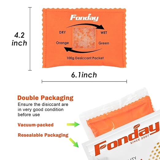 100Gram 10Packets Fonday Rechargeable Silica Gel Desiccant Packets Food Grade Fast Reactivate Desiccant Bags Moisture Indicating Orange to Green