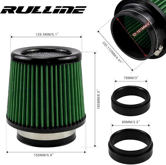 RULLINE 76mm 89mm 102mm Air Filter 3" 3.5" 4" Cold Air Intake Universal Clamp-On Air Filter Three Different Size High Flow Round Tapered Cone Cool Cleaner Green