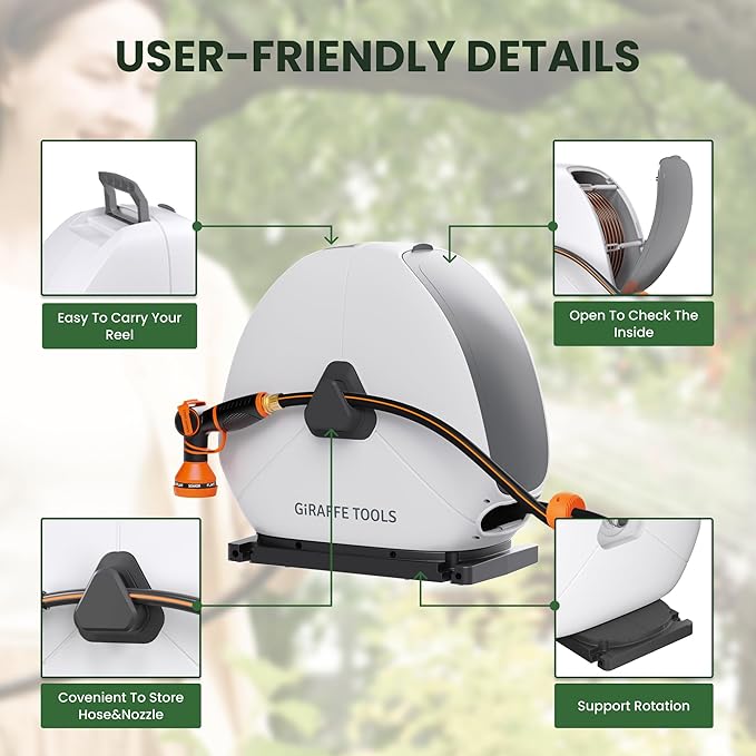 Giraffe Tools Ground Mounted Retractable Hose Reel 5/8 Inch x 92FT, Heavy Duty Automatic Rewind Garden Hose Reel, with Flexible Swivel Base for Lawn, Concrete Floor