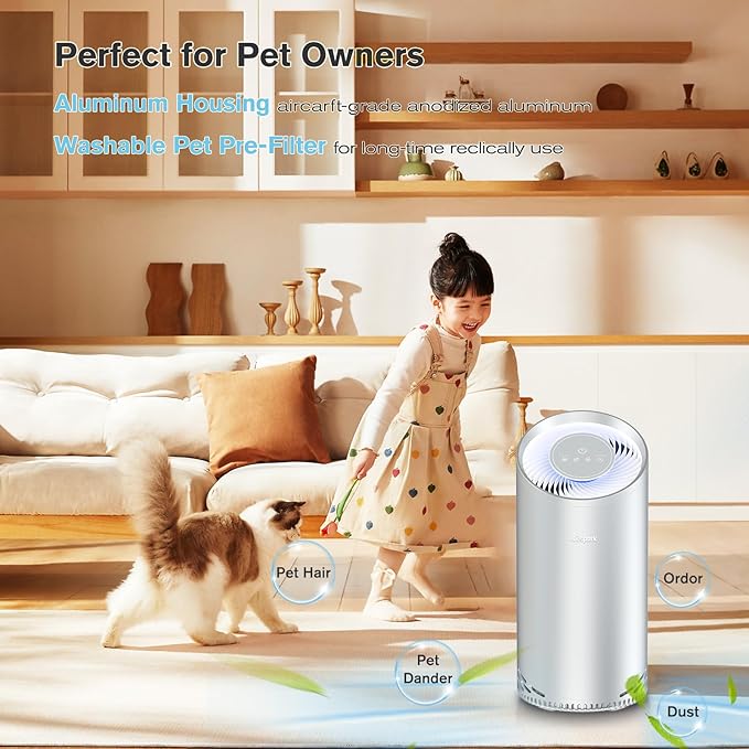 Aluminum Housing Air Purifiers for Home Bedroom Cover 1375ft². Washable Pre-Filter HEPA Air Purifier for Pets Hair Dander Odors, Filter 99.99% Smoke Dust Dander Pollen, Night Light Sleep Mode