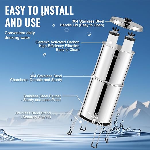 VEVOR Gravity-fed Water Filter System, 2.25G 304 Stainless-Steel Countertop Water Filtration System, Reduces Lead and up to 99% of Chlorine, with 2 Ceramic Carbon Filters, Spigot, and Stand