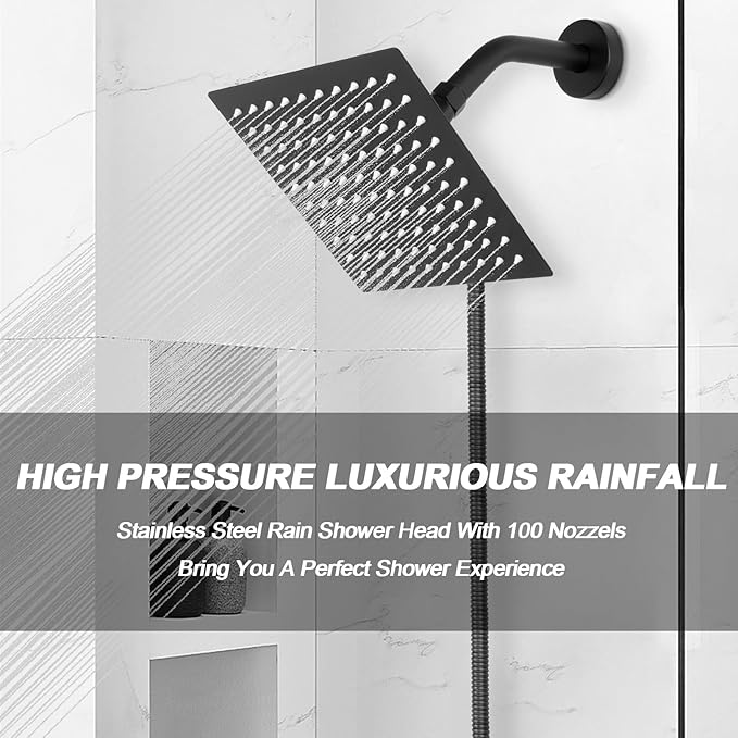 NearMoon Shower Head with Hose, High Pressure Stainless Steel Rain Shower and 3 Settings Handheld Spray Combo with Push Button Flow Control (8 Inch Showerhead Set, Matte Black)