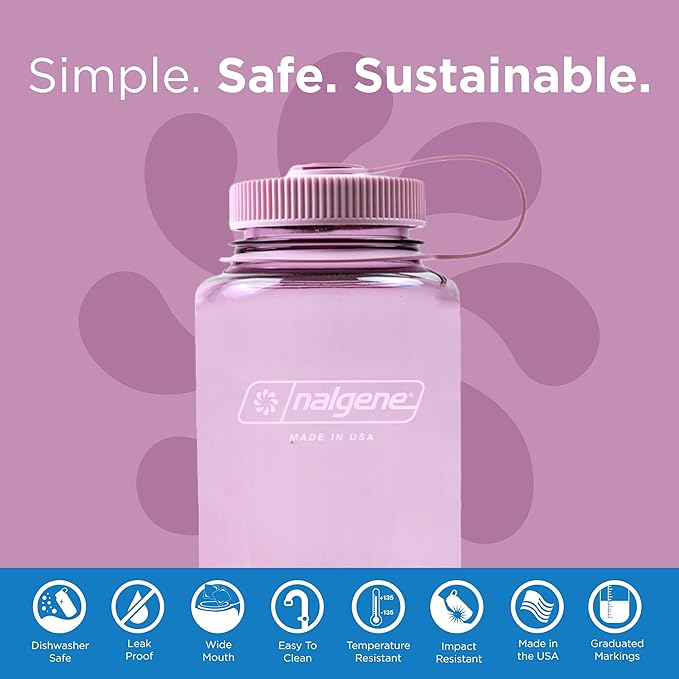 Nalgene Sustain Tritan BPA-Free Water Bottle Made with Material Derived from 50% Plastic Waste (using ISCC certified mass balance), 32 OZ, Wide Mouth, Cherry Blossom