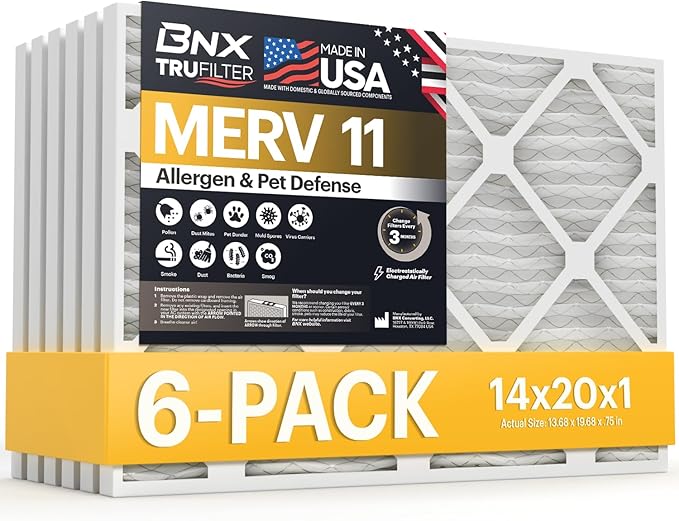 BNX TruFilter 14x20x1 Air Filter MERV 11 (6-Pack) - MADE IN USA - Allergen Defense Electrostatic Pleated Air Conditioner HVAC AC Furnace Filters for Allergies, Dust, Pet, Smoke, Allergy MPR 1200 FPR 7