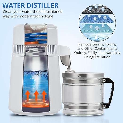 4L Water Distiller,Household Stainless Steel Distilled Water Purifier,Countertop Distilled Water Maker,4 Litre Distilled Water Machine for Home.White Glass Bottle