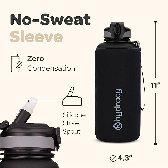 Hydracy Water Bottle with Time Marker -Large BPA Free Water Bottle & No Sweat Sleeve -Leak Proof Gym Bottle with Fruit Infuser Strainer & Times to Drink -Ideal for Fitness Sports & Outdoors