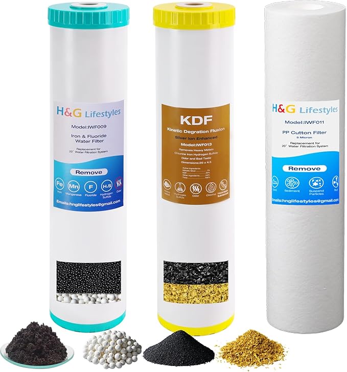 H&G Lifestyles 4.5" x 20" 3 Stage Whole House Water Filter Replacement set with Iron & Manganese Reducing Cartridges, GAC KDF, PP Cutton Cartridges,Replacement for Any 20" Water Filter