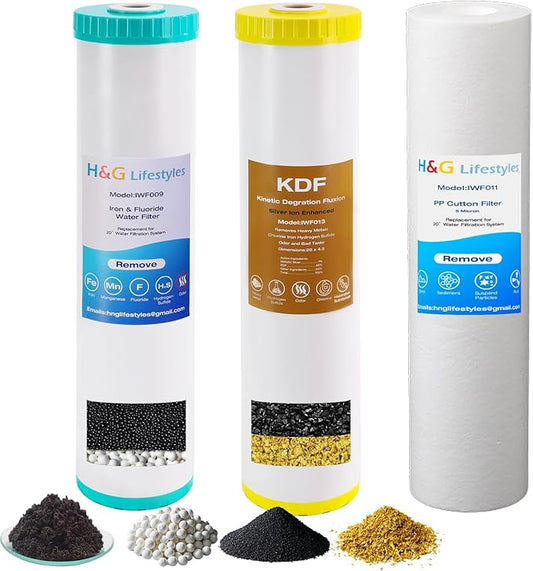 H&G Lifestyles 4.5" x 20" 3 Stage Whole House Water Filter Replacement set with Iron & Manganese Reducing Cartridges, GAC KDF, PP Cutton Cartridges,Replacement for Any 20" Water Filter