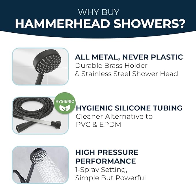 HammerHead Showers® Solid Metal Handheld Shower Head with Hose and Brass Holder - MATTE BLACK - 2.5 GPM High Pressure Shower Heads with Adjustable Shower Wand Bracket - 6ft Flexible Extension