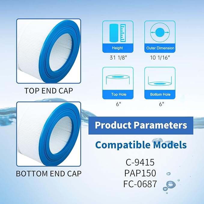 PAP150 Pool Filter Cartridge Replaces CC150,CCRP150,Ultral-C4,PP-C4,PP-C4-M,C-9415,R173216,59054300,Filbur FC-0687,160317,160355,160352，L x OD: 31 1/8" x10 1/16",150 sq. ft.(1 Pack)