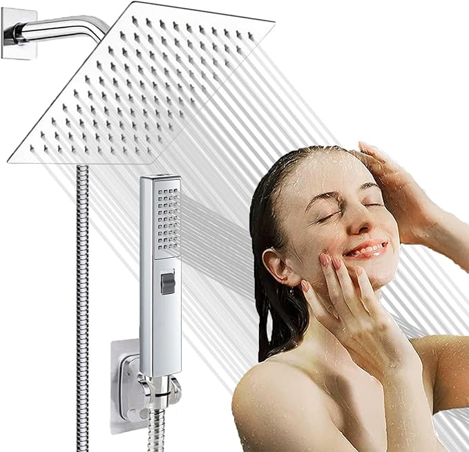 Dual Shower Heads with Handheld Spray Combo, 6" High Pressure Square Rain Shower Head with Hose 78" Stainless Steel & 3-Way Diverter, Anti-Clog Nozzles, Ultra Thin Water Saving, Chrome, AWAXFOLO