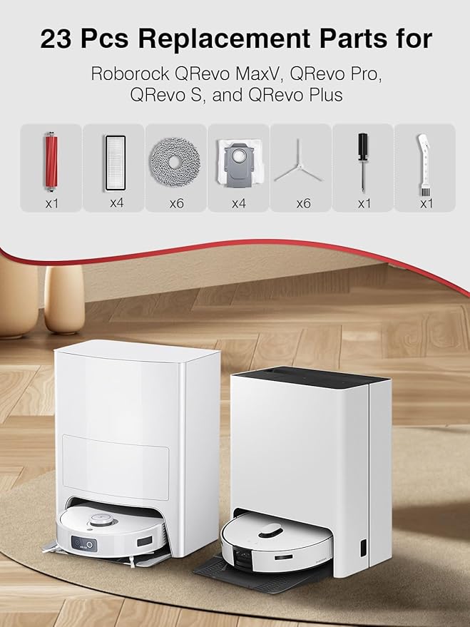 23 Pcs Replacement Accessories for Roborock QRevo MaxV/QRevo Pro/QRevo S/Qrevo Plus Robot Vacuum Cleaner with 1 Mainbrush 4 Filter, 4 Dust Bags 6 Mop Pads 6 Sidebrush 1 Cleaning Brush 1 Screwdriver