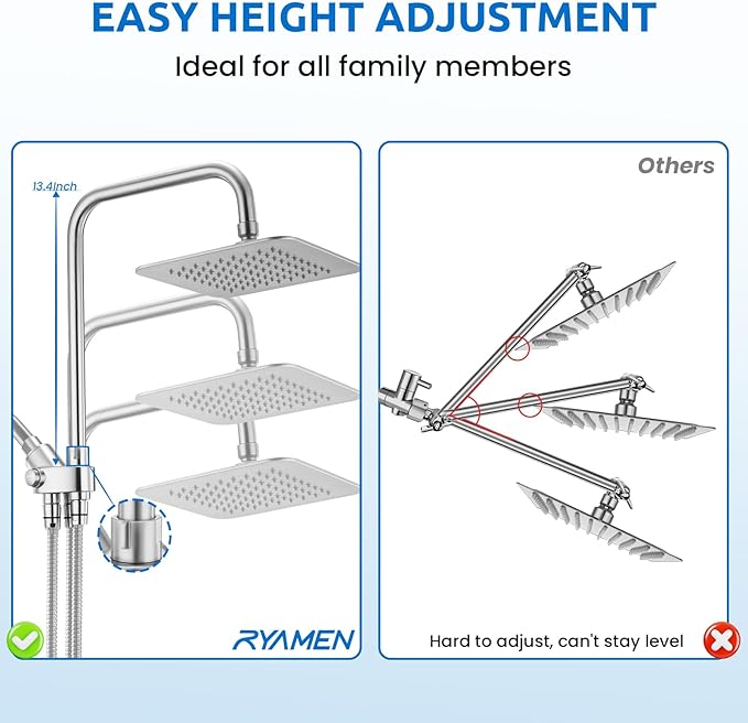 8" Dual Shower Head Combo, Rainfall Shower Head with Handheld, 6 Spray Settings Angle Adjustable Handheld Shower Head with Pause, Height Adjustable, Chrome Silver