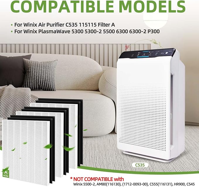 115115 Replacement Filter A for Winix Plasmawave Air Purifier C535 5300 5300-2 5500 6300 6300-2 P300 C909 9800, 3 C535 Filters + 6 Activated Carbon Filters