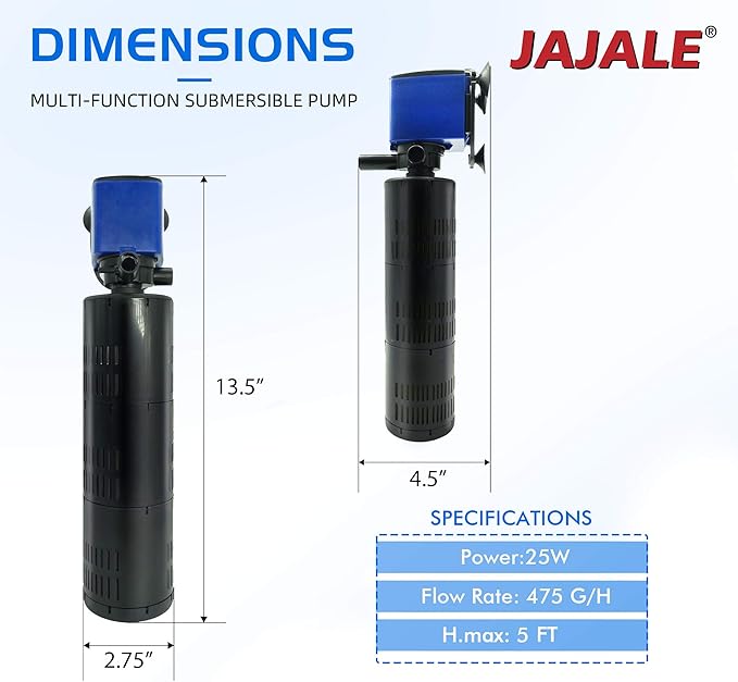 475 GPH Internal Filter Submersible Pump - 3 in 1 Aquarium Fish Tank Pump with Oxygenation, Filtration & Water Cycling, 5 ft max lift, 25W - 4 Pack