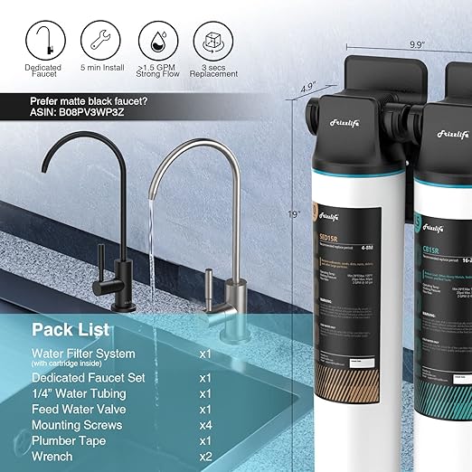 Frizzlife DW15F Under Sink Water Filter System with Brushed Nickel Faucet, NSF/ANSI 53&42 Certified Elements, Reduces 99.99% Lead, Chlorine, Fluoride, Bad Taste & Odor, 0.5 Micron, USA Tech Support
