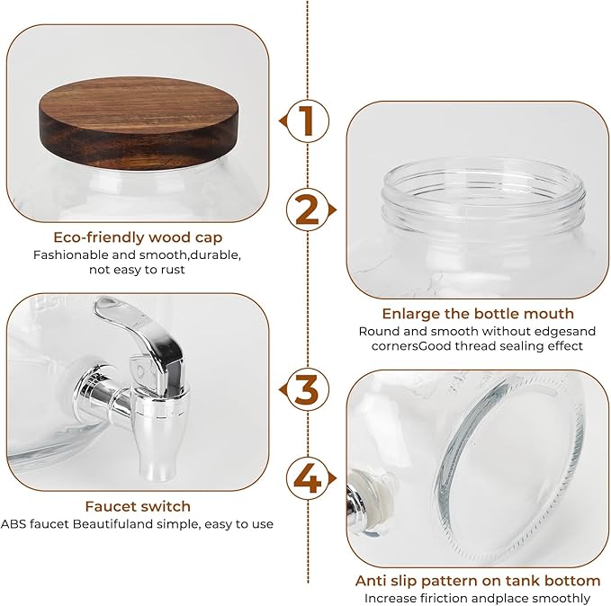 1 Gallon Glass Drink Dispensers with Wood Lid, 2 Pack Clear Beverage Dispenser with Stand and Spigot for Parties, Lemonade Dispenser with Markers and Chalkboard for BBQ, Picnic