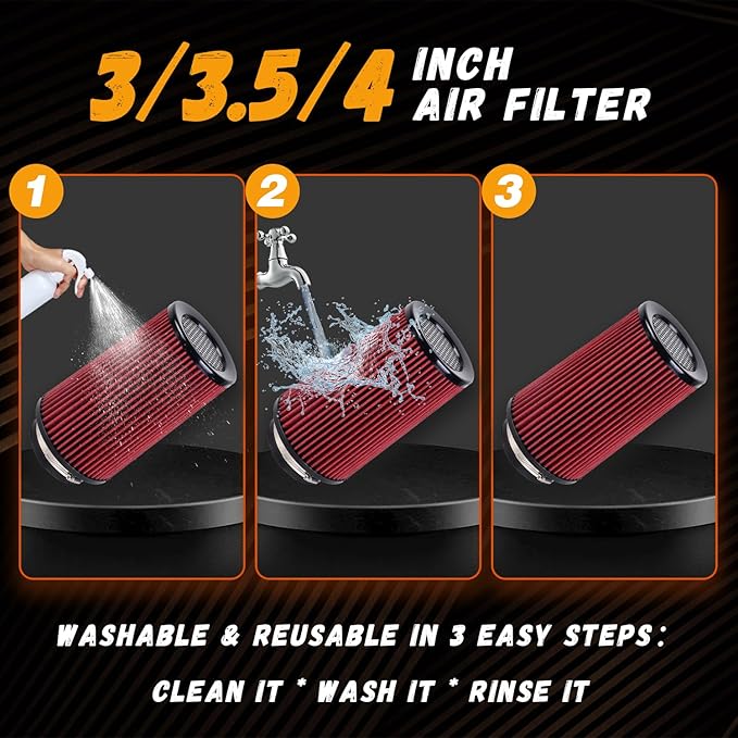 4-Inch Cold Air Intake Filter - Washable, High Performance, 3" or 3-1/2" or 4" Clamp-On Filter Height: 9 In Replacement Cone Air Filter Universal 3 Sizes in 1 (Red)