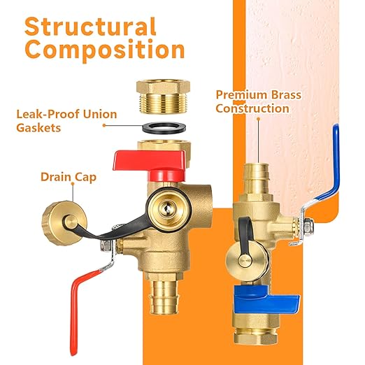 (Set of 1 Kit) HeSun 3/4" FIP X 3/4" PEX-A Expansion IPS Isolator Tankless Water Heater Service Valve Kit, with Pressure Relief Valve