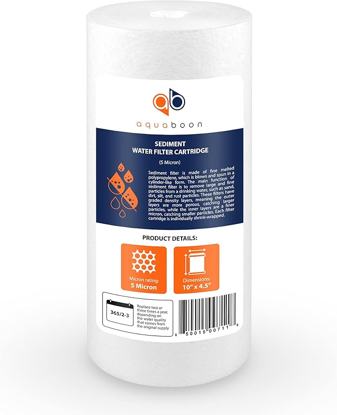 Aquaboon 5 Micron 10 x 4.5 Well Water Sediment Filter Replacement Whole House Water Filter Cartridge Compatible with DGD-5005, WFHD13001B, 4-Pack
