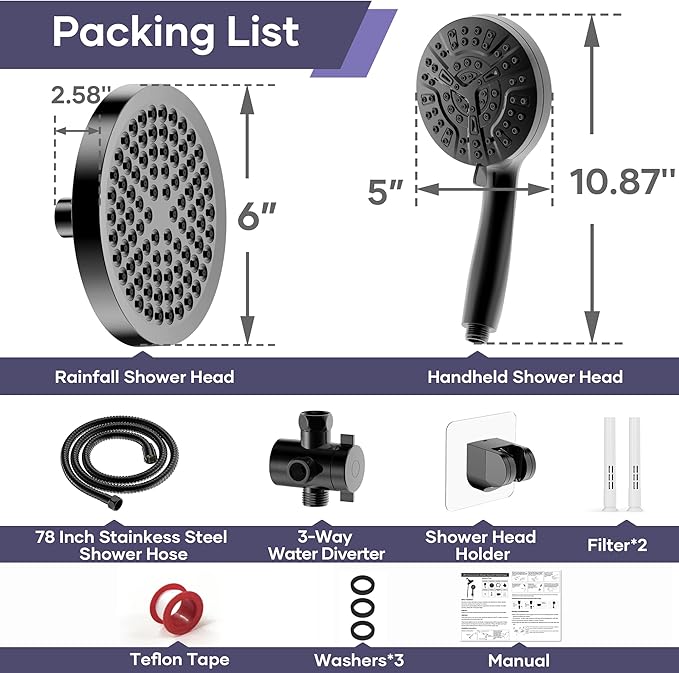 Filtered Shower Head with Handheld Spray Combo,High Pressure Rain Shower Heads,Double Dual Shower Head 10 Spray Modes,Detachable Showerhead 78 Inch Hose,Black