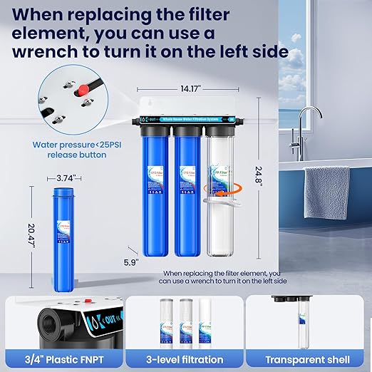 Whole House Water Filter System, 3-Stage Whole House Water Filtration System, 3/4 "Inlet/Outlet,Reduces Up to 99% of Chlorine, Sediment, Taste and Odor, with a Transparent Shell for The First Stage