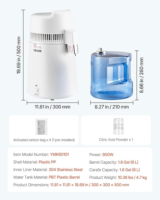VEVOR Water Distiller, 6L 1.6 Gallon Larger Pure Water Purifier Filter for Home Table Countertop, 900W Plastic Distilled Maker, Stainless Steel Interior Drinking Machine to Make Clean Waters, White