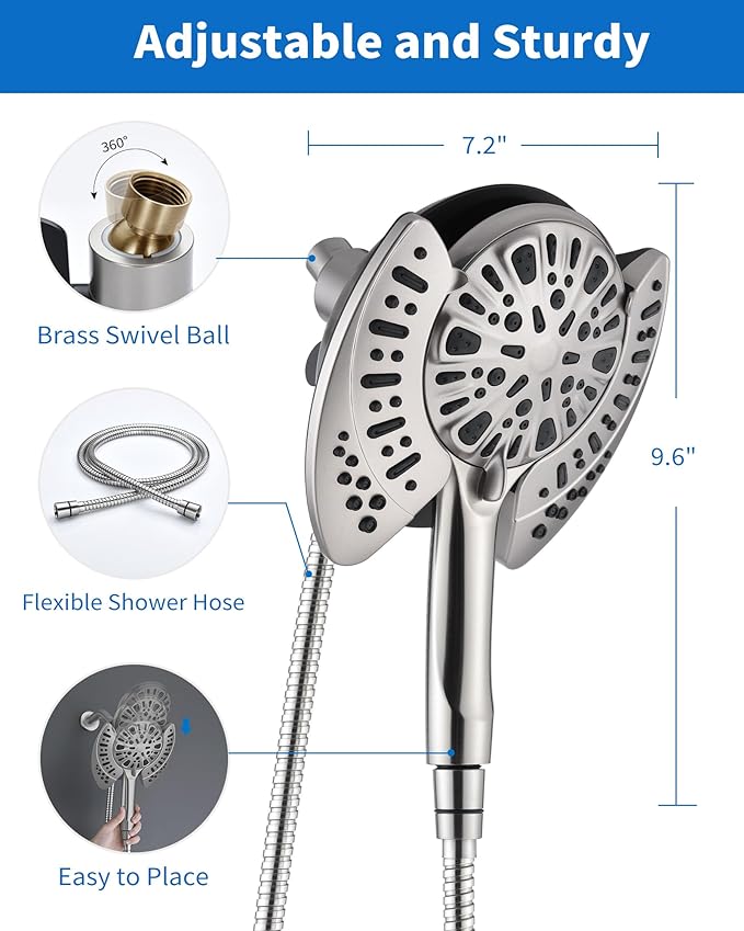 2-in-1 Shower Head with Handheld Combo: 2.5GPM Rainfall Shower Head & Detachable Shower Head Use Together or Alone, 9 Spray Settings Hand Held Showerhead with Hose, Nickel