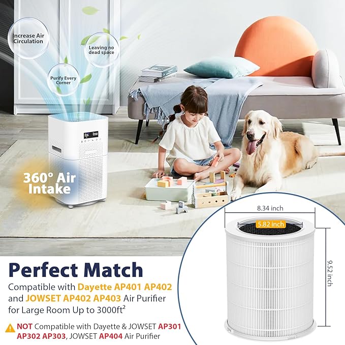 AP401 AP402 Filter Replacement, Compatible with Dayette AP401 AP402 and JOWSET AP402 AP403 Air Purifier for Large Room up to 3000Ft², Efficient Air Filter, 4-Stage Filtration System, 2 Pack