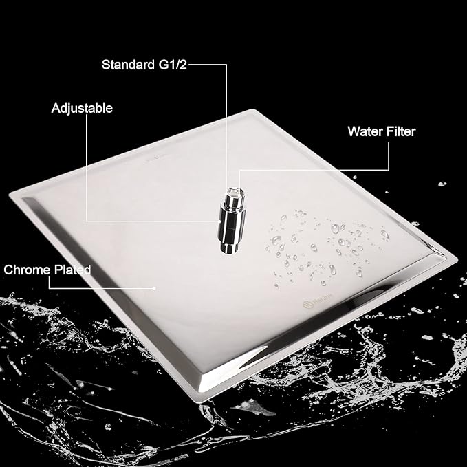 HarJue Shower Head with Extension Arm, High Pressure Square with ShowerArm, Stainless Steel Rainfall-Waterfall Full Body Coverage (16'' Shower with 20'' Arm, Chrome)