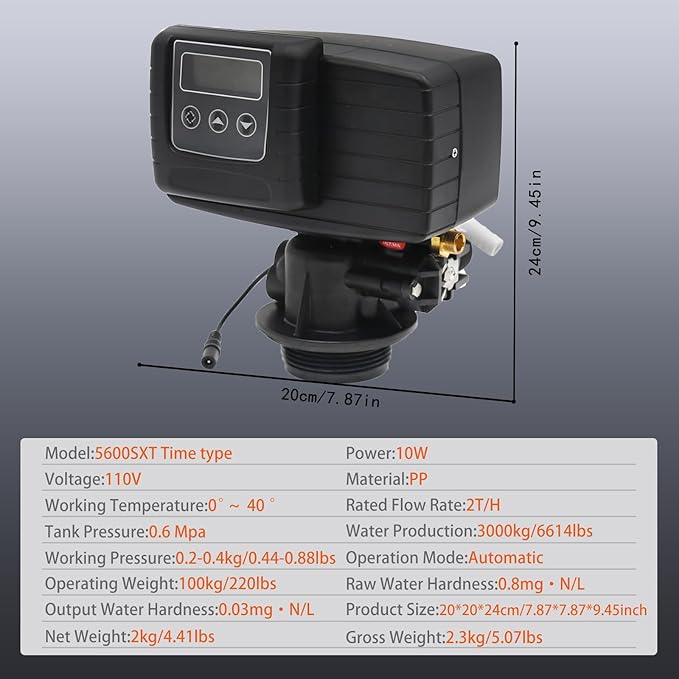 5600SXT Water Softener Valve,Flow Rate Type Control Head,Timer Valve Water Softener,High Performance Digital Metered on Demand Replacement Head with Display and Water Distributor(110V,10W)