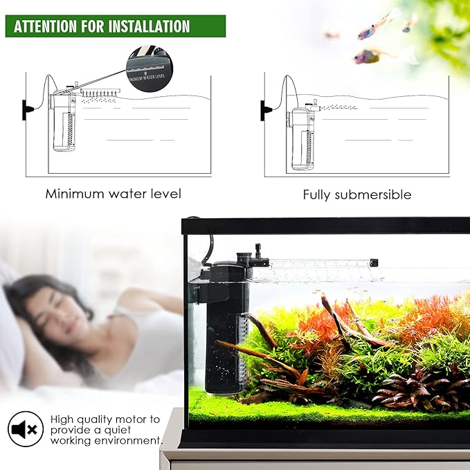 AQQA Aquarium Internal Filter Submersible Power Filter in-Tank with Adjustable Water Flow, Ultra Silent Sponge Filter for Fish Tank Water Crystal Clear