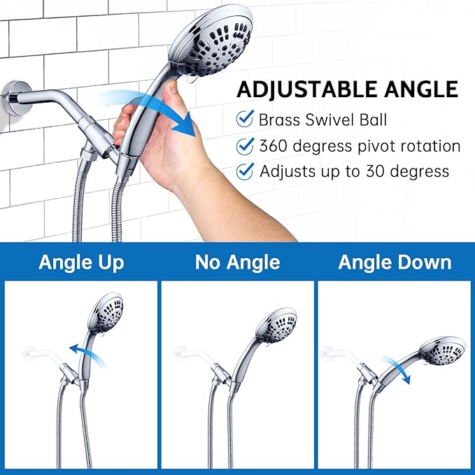 G-Promise High Pressure Shower Head 6 Spray Setting with Adjustable Solid Brass Shower Arm Mount and Extra Long Flexible Stainless Steel Hose (Chrome)