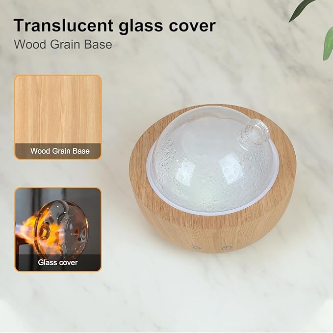 Glass Essential Oil Diffusers for Home, Wood Grain Base Humidifier, Decorative Bedroom Aromatherapy Scent Air Diffuser Ultrasonic Aroma Defusers 200ml（with 3Pcs Essential Oils）