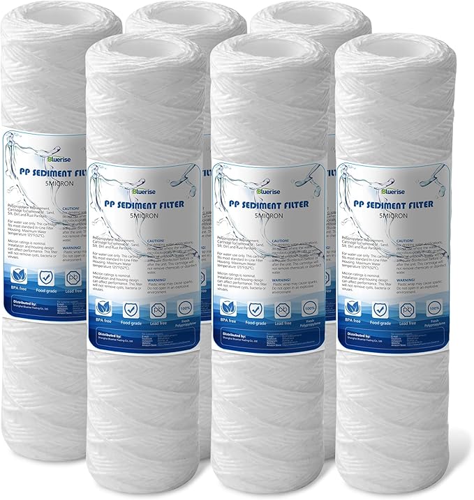 BLUERISE 5 Micron 10"x2.5" Wire Wound Whole House Water Filter Replacement Cartridge - 6 Pack