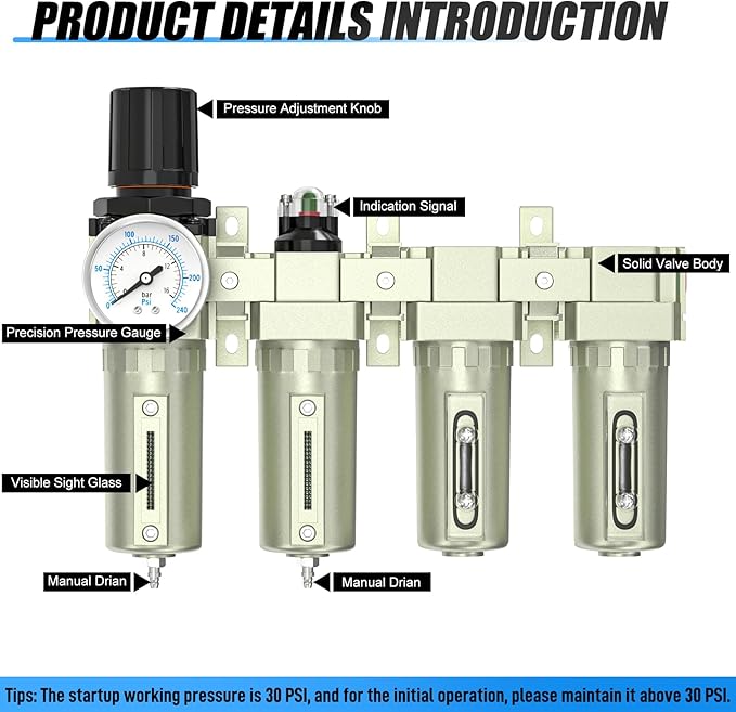 Heavy Duty Industrial Grade 3/4" NPT 4 Stage Air Drying System,Coalescing Filter,Particulate Filter,Double Desiccant Dryer and Air Regulator,Manual Drain,For Plasma Cutter and Paint Spray
