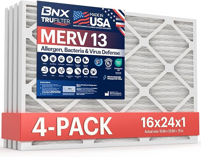 BNX TruFilter 16x24x1 Air Filter MERV 13 (4-Pack) - MADE IN USA - Electrostatic Pleated Air Conditioner HVAC AC Furnace Filters for Allergies, Pollen, Mold, Bacteria, Smoke, Allergen, MPR 1900 FPR 10