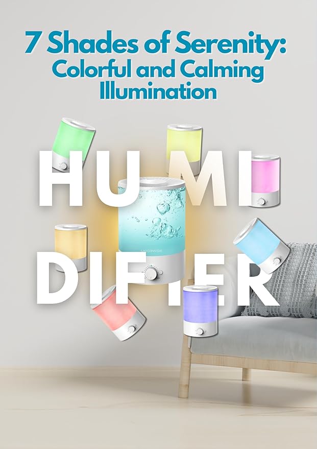 MegaWise 3.5L Cool Mist Humidifier – Whisper-Quiet Ultrasonic Vaporizer for Baby Nursery, Bedroom & Office | Top-Fill Design, Essential Oil Diffuser, Easy to Clean, 7-Color Night Light, Auto Shut-Off