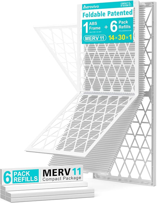 14x30x1 Refillable Air Filter Kit, MERV 11, 1 Reusable Foldable Frame ＆ 6 Refills, Fits Most AC HVAC Furnace Devices, Actual Size 13.75x29.75x0.75in