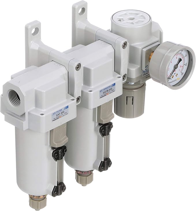 PneumaticPlus SAU430-N06G-MEP Three Stage Air Drying System Particulate Air Filter, Coalescing Filter, Air Pressure Regulator Combo 3/4" NPT - Metal Bowl, Manual Drain, Bracket, Gauge