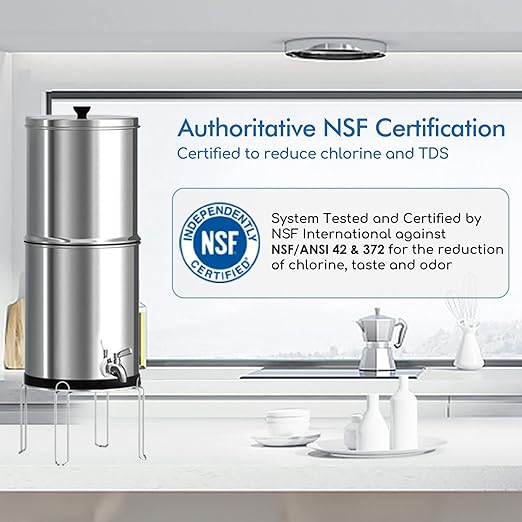 Purewell 1.5G Stainless Steel Countertop Gravity-Fed Water Filter System, NSF/ANSI 42&372 Certification, Reduces up to 99% of Chlorine,2 Black Purification Elements, for Home, RVing, Camping, Outdoor