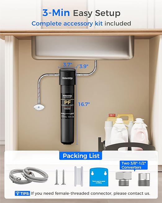Waterdrop 15UA-PF Under Sink Water Filter, Reduces 𝐏𝐅𝐀𝐒, 𝐏𝐅𝐎𝐀/𝐏𝐅𝐎𝐒, Chlorine, Bad Taste & Odor, Under Sink Water Filtration System, Direct Connect to Kitchen Faucet, 6 Months