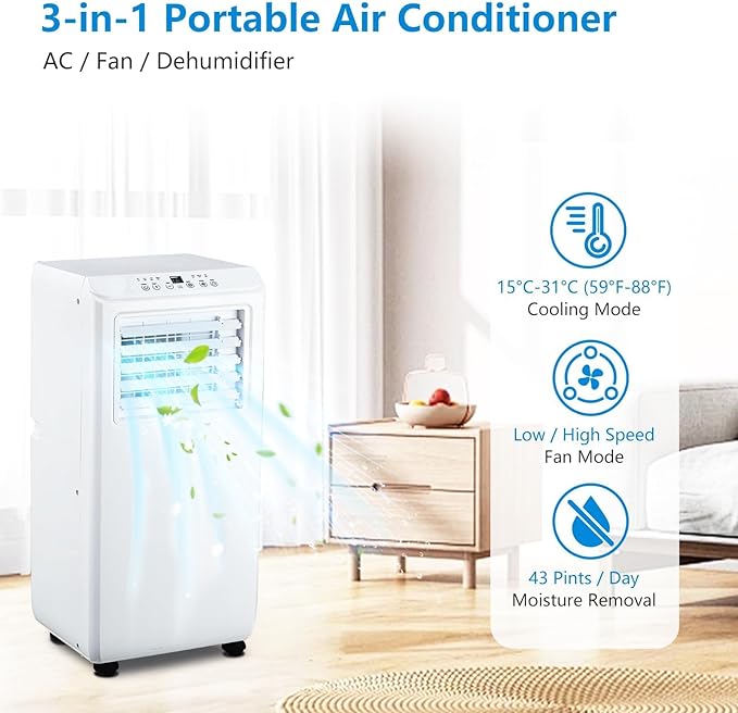 10,000 BTU Portable Air Conditioner for Rooms Up to 450 Sq.Ft, 3-In-1 Cooling, Dehumidifier & Fan with Remote, Ultra-Quiet 45dB, 24H Timer, Energy-Efficient & Easy-Move Design, White