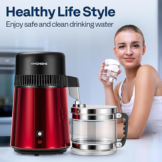 VIVOHOME Water Distiller Countertop 1.1 Gallon/4L 304 Stainless Steel Distilled Water Machine with Smart Switch Purifier Filter for Home Officek, Red