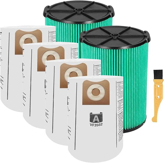 VF6000 5-Layer Pleated Replacement Filter Compatible with Ridgid 5-20 Gallon Wet Dry Vacuums WD5500 WD0671 WD6425 WD7000 WD1280 WD1851 WD1680 WD1956 RV2400A 1400RV RV2600B (2 Filters + 4 Bags)