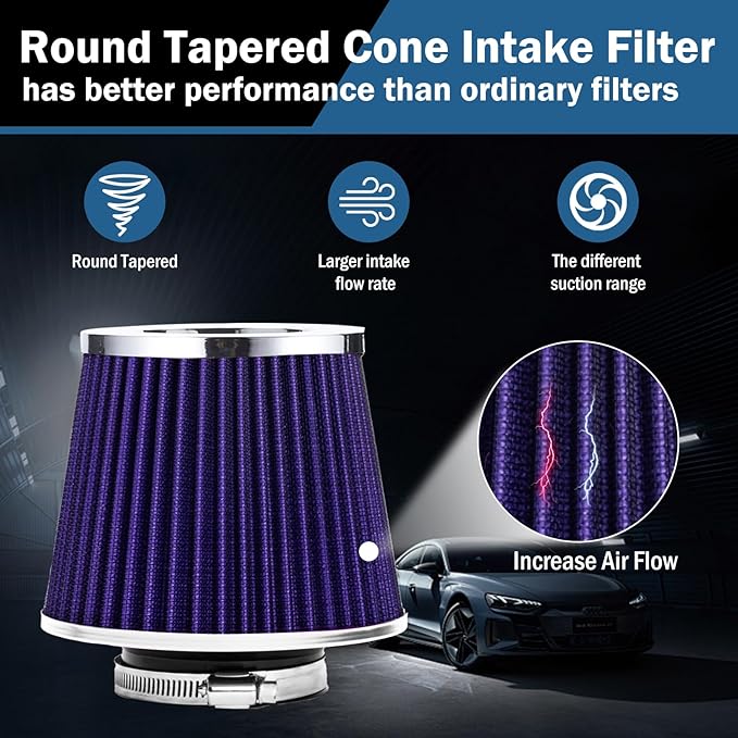 Universal Clamp-On Air Intake Filter, Fit Intake Tube with 3/3.5/4in Diameter, High Performance, Washable Filter, Replacement Air Filter, Flange Diameter 3inch/76mm (Purple)